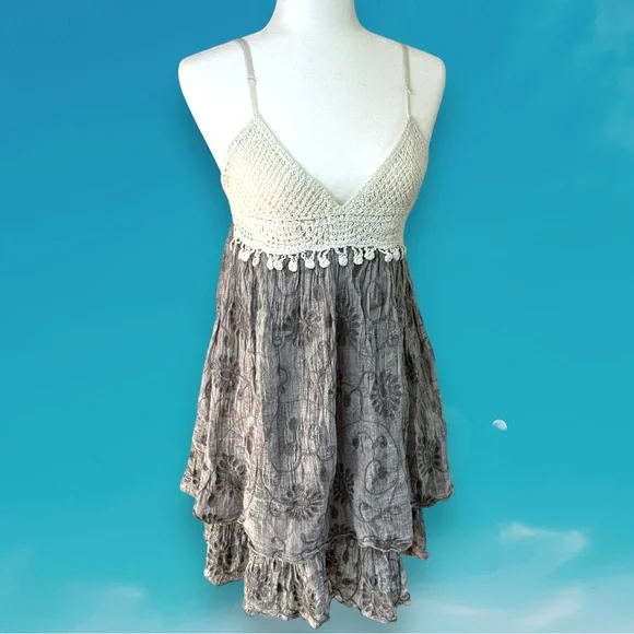 Cecico Crochet Boho Knit Triangle Floral Beach Cover Up Dress Gray White Medium - Picture 4 of 14